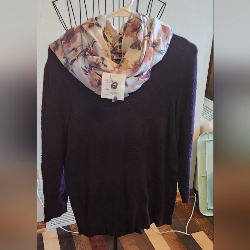Croft & Barrow Dark Purple Sweater with Floral Scarf